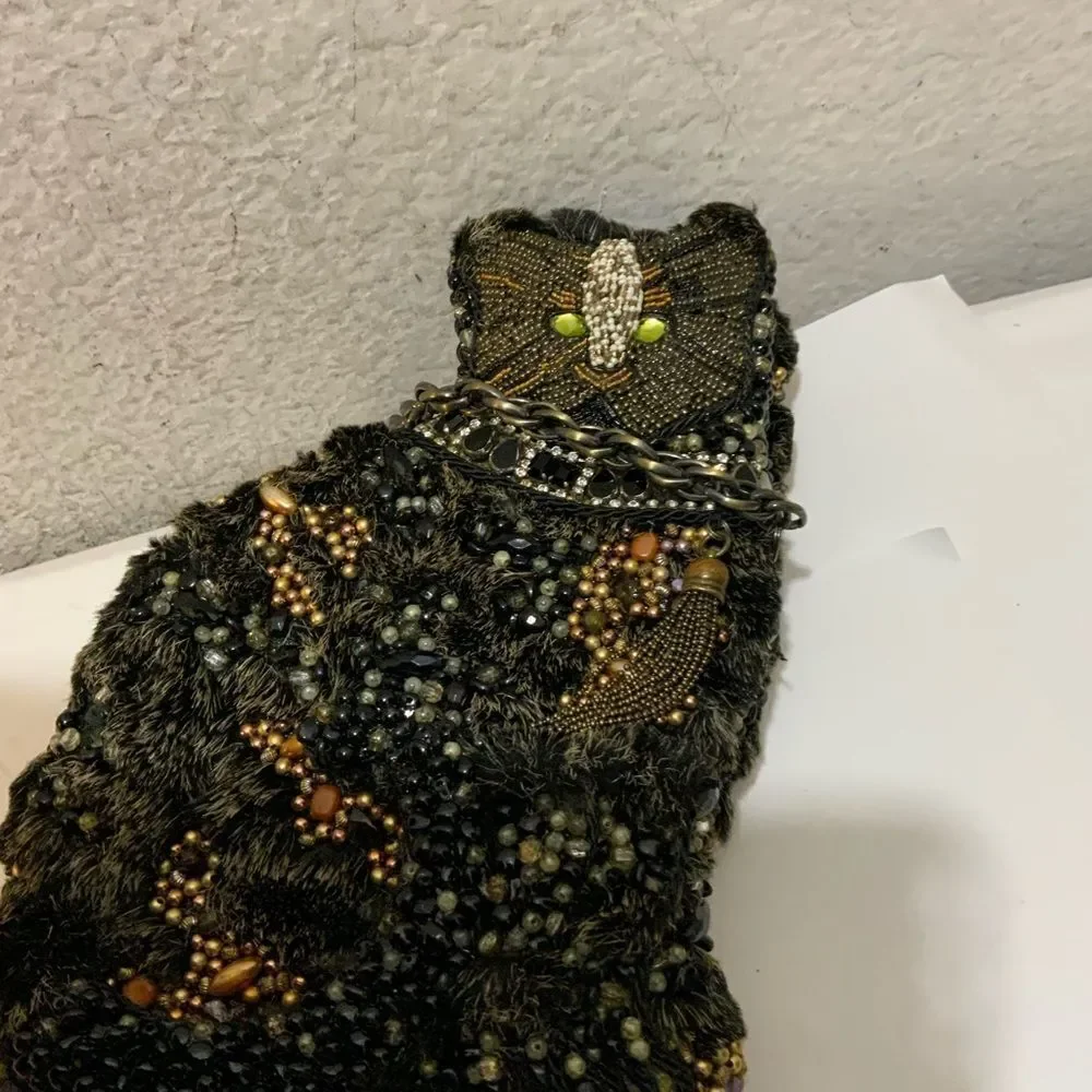 MARY FRANCES Beaded Cat Purse handbag with chain strap